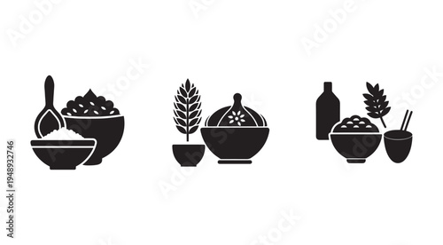 Black silhouettes of various food and drink items with bowls and leaves on white background  food and drink still life