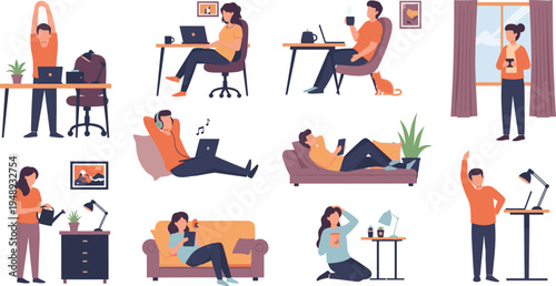Remote Work Lifestyle Character Collection with Home Office, Relaxation, Online Tasks, and Everyday Freelance Activity Scenes