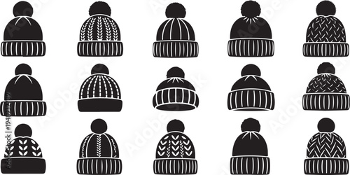 Collection of various knitted winter hats in black and white