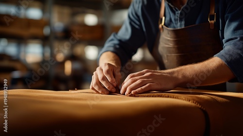 Close-up hands of leather artisan hand-stitching vegetable-tanned saddle with traditional tools, heritage craftsmanship in minimalist workshop setting, perfect for leather goods keywords, and