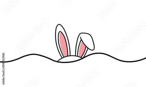 A cute cartoon bunny peeking out from behind a wavy line on a with pink ears