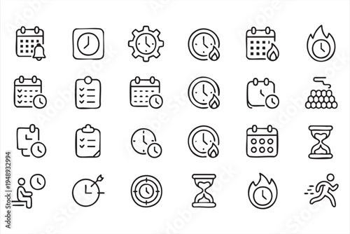 Productivity and Time Management Line Icons for Scheduling Systems, Calendar Planning Tools, Task Tracking Dashboard UI