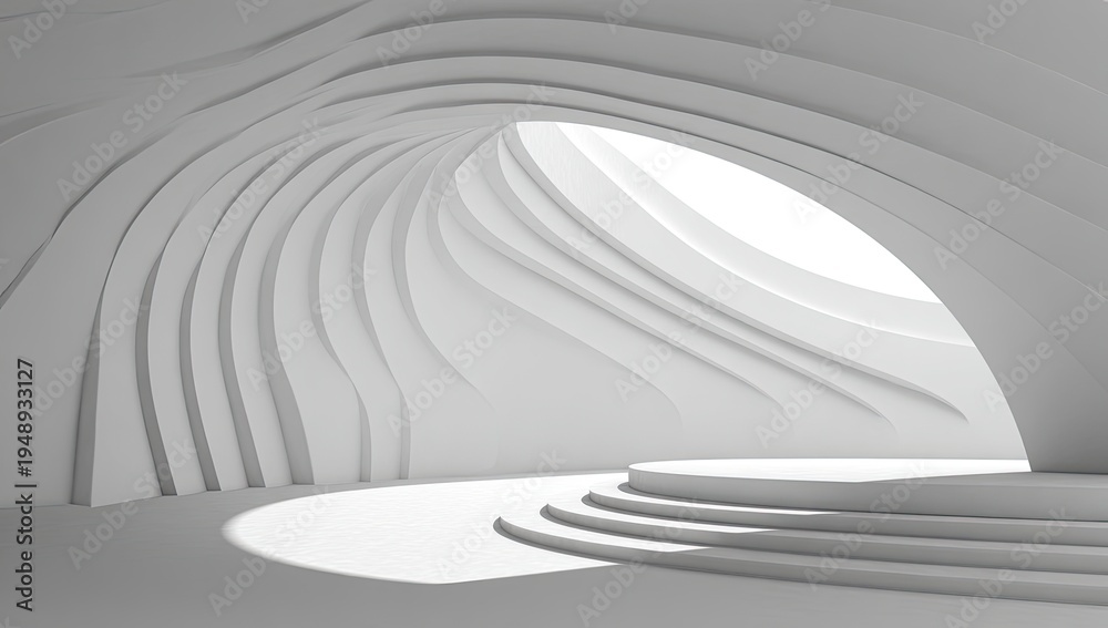 Obraz premium Futuristic abstract white architecture with curved walls and circular stage