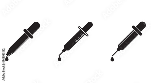 Blackandwhite illustration of three different dropper icons with droplets  medical and laboratory equipment