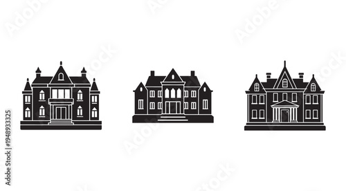 Blackandwhite illustrations of three different large houses with multiple stories and chimneys on white background  large residential buildings with varied architectural styles and designs