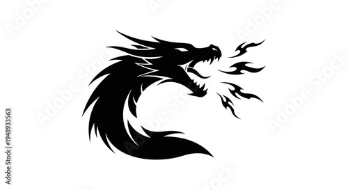 Black silhouette of a dragon's head breathing fire on a white background.