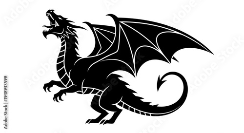 Black silhouette of a mythical dragon with wings spread on a white background