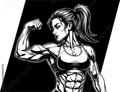Powerful Female Bodybuilder Silhouette - Strong Athletic Woman Flexing Biceps Gym Fitness Vector