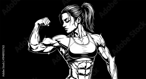 Powerful Female Bodybuilder Silhouette - Strong Athletic Woman Flexing Biceps Gym Fitness Vector