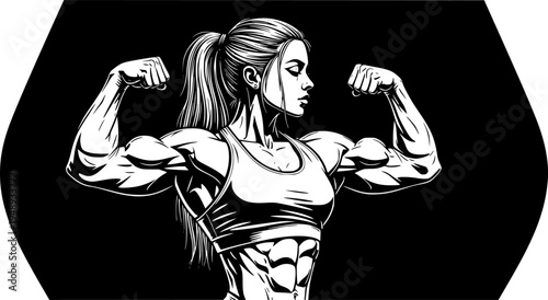 Powerful Female Bodybuilder Silhouette - Strong Athletic Woman Flexing Biceps Gym Fitness Vector