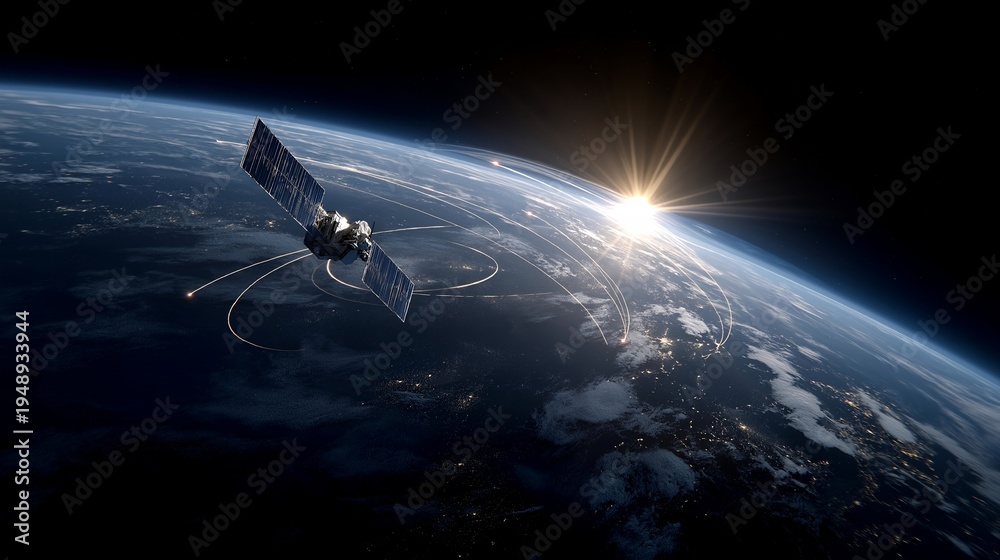 Fototapeta premium Before and after concept displaying orbital mechanics simulation with satellite deployment sequence stages, trajectory calculations transforming into actual constellation formation patterns,