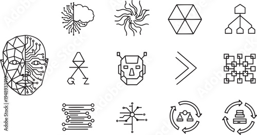Artificial Intelligence and Machine Learning Icon Set Featuring Face Recognition Neural Networks Robot Heads and Tech Algorithms