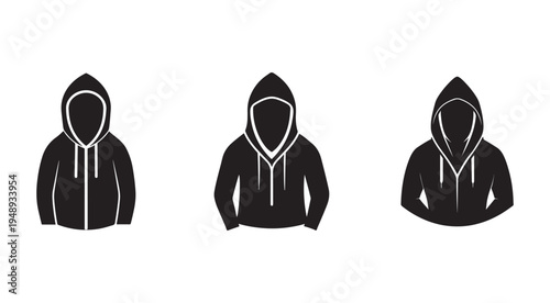 Blacksilhouetteofthreeanonymouspeoplewearinghoodieswithdifferentposesisolatedonwhitebackground