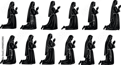 Set of kneeling nun silhouettes praying with rosary beads, religious sister vector icons, catholic woman worshiping, isolated on white background.