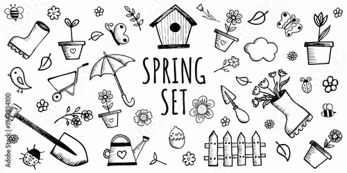 Spring doodle collection. Garden spring agriculture set. Hand drawn  illustration with farm plants, flowers, rubber boots, gardening tools, beetles, butterflies, umbrella. Vector scribble line art
