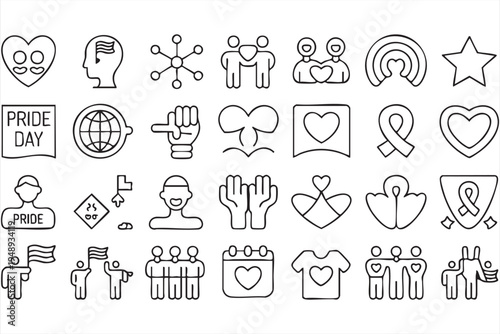LGBTQ Equality Line Icons Featuring Pride Symbols, Community Support and Human Rights Awareness Graphics