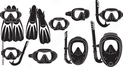 Scuba diving equipment set including mask and flippers illustration