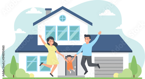 Happy Family Jumping in Front of New House Vector Illustration