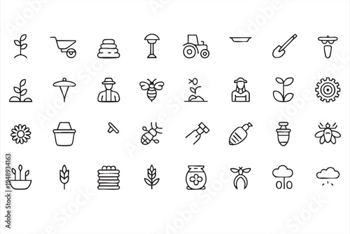 Honey Production Outline Icons Featuring Bee Farming Tools, Apiary Systems and Pollination Agriculture Symbols