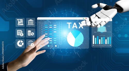 Obraz na plátně A human and a robotic hand interact with a digital interface displaying tax data, highlighting the future of finance through collaboration and innovative technology