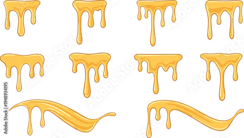 Golden Honey Drip Collection with Glossy Liquid Flow Shapes, Sweet Syrup Splash Elements, and Decorative Melt Effect Vector Set