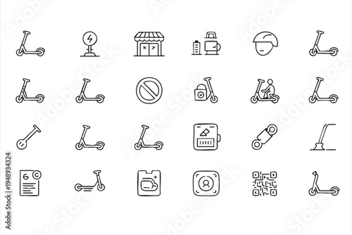 Electric Scooter Mobility Line Icons for Ride Sharing Platforms, Charging Networks and Transport Dashboards
