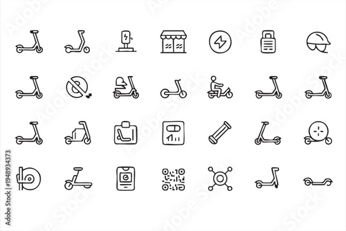 Electric Scooter Line Icons for Urban Mobility Apps, Sharing Services, Charging Stations and Smart City Transport UI
