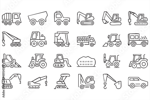 Construction Heavy Machinery Line Icons for Excavator Bulldozer Dump Truck Equipment and Infrastructure Engineering
