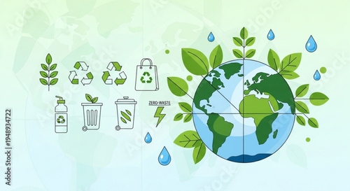 Earth with green leaves and eco friendly symbols for sustainability and environmental conservation concept