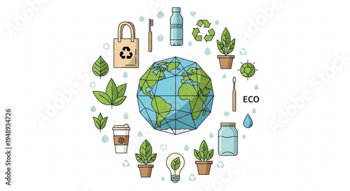 Eco friendly symbols surround the earth with plants recycling icons and sustainable living elements on a white background
