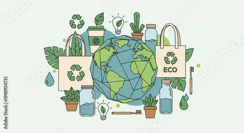 Earth surrounded by eco friendly symbols recycling bags plants and sustainable living icons on a light green background