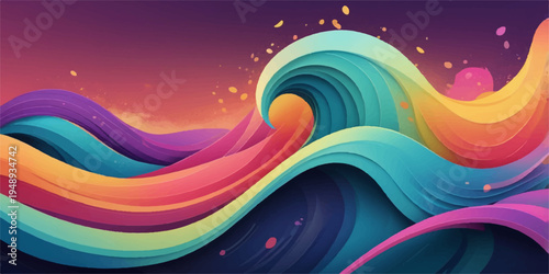 Abstract colorful rainbow background featuring a wavy motion design with glowing light curves and vibrant vector lines on a dark backdrop template for a modern wallpaper concept