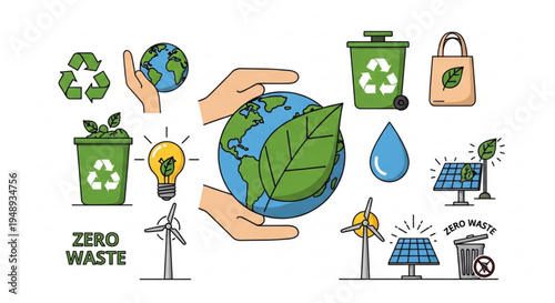 Earth protection and zero waste concept with hands holding globe surrounded by eco friendly symbols