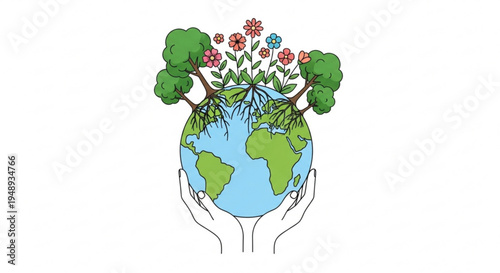 Hands cradling earth globe with lush greenery and vibrant flowers emerging symbolizing eco friendly care and environmental conservation