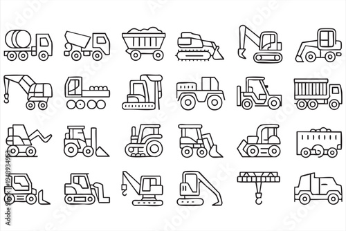 Construction Machinery Line Icons for Excavation Equipment, Industrial Vehicles and Infrastructure Building Systems