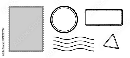 Vector set of empty rubber stamp shapes with a shabby, scratched, grunge look for vintage design mockups. Customizable blank stamps for creative templates and unique designs.