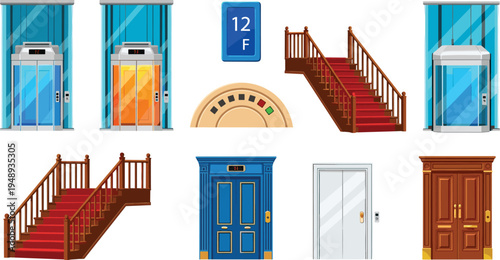 Modern Elevator and Staircase Interior Elements Set with Doors, Floor Indicator, Building Entrance, and Architectural Access Design Collection