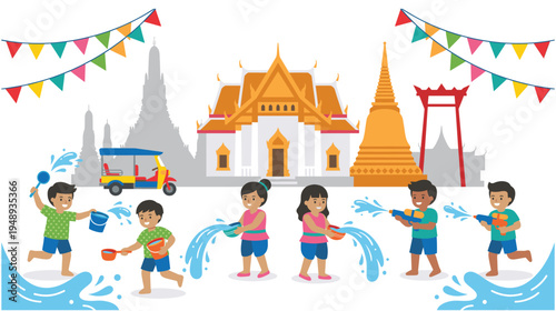 Children playing water during songkran festival in front of temples
