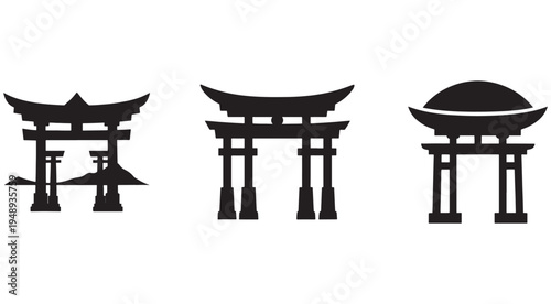 Japanese torii gates in different designs and shapes  traditional architecture elements  cultural symbols  isolated on white background