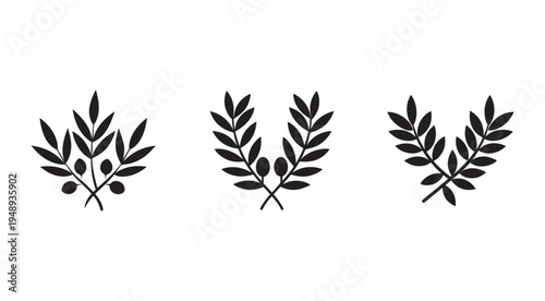 Olive branch silhouettes with leaves and olives on white background for decoration and symbolism  representing peace and victory