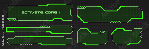 Sci-fi HUD frame set with digital interface elements and neon-style borders. Futuristic UI collection for games, dashboards and tech displays