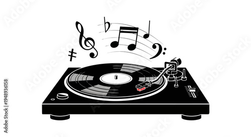 Vinyl record player with musical notes on white background