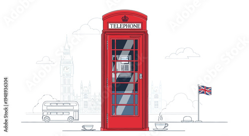 Red classic British telephone booth with London cityscape background