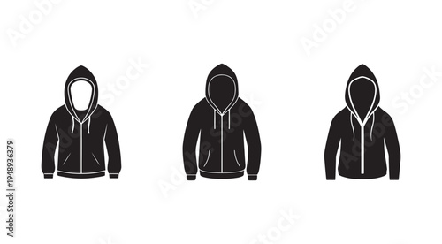 Set of black hooded sweatshirts with zippers and different hood positions on white background  front views  fashion design elements