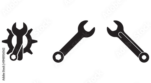Set of black silhouettes of wrenches and gear on white background for repair and maintenance concepts  industrial tools