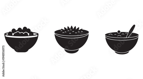 Set of three black bowls with different types of food  cereal  oats  fruit  berries
