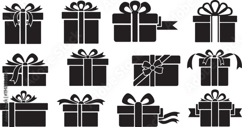 Black gift boxes with ribbons and bows icons set