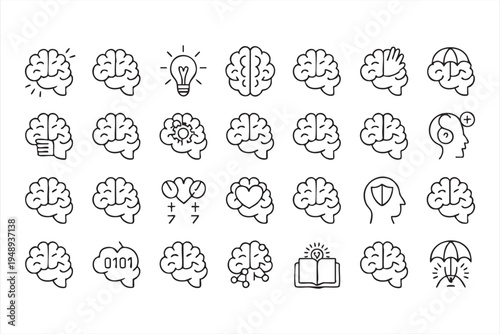 Mental Health and Cognitive Science Outline Icons Featuring Brain Concepts