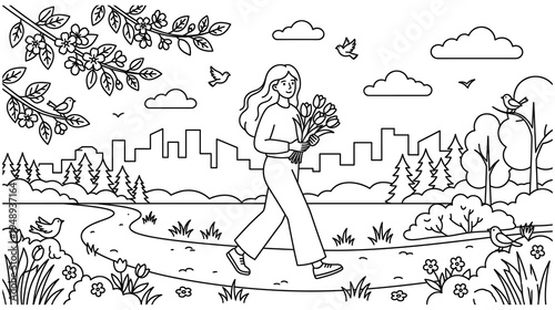 Coloring page of woman walking in park with flowers and city skyline