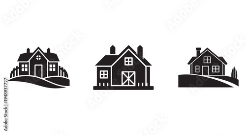 Set of three house and barn silhouettes on white background  house  barn  residential  architecture  building  home  farm  rural  landscape  icons